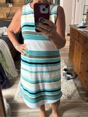 Talbots Striped Sleeveless Dress in Teal, Aqua, Yellow & White